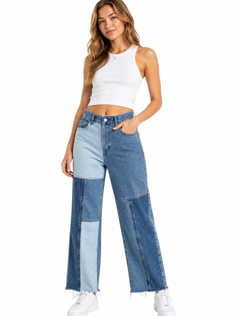 PACSUN High Rise Straight Patchwork Jeans Blue Multi Wash Raw Hem Size 26